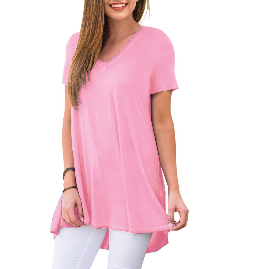 AWULIFFAN Summer Tops for Women Short Sleeve Casual Loose Tunic Top(Pink,Large)