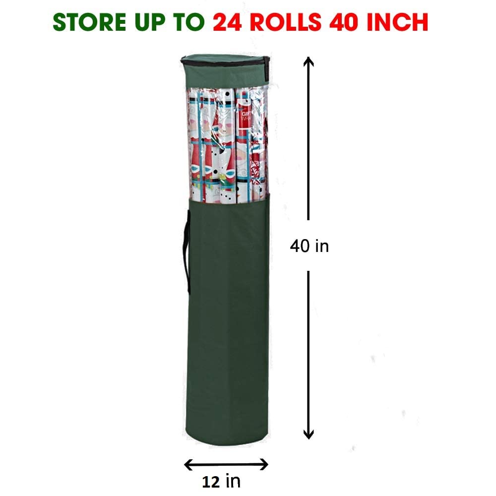 ProPik Gift Wrapping Paper Storage Organizer Bag, Store Up To 24 Rolls 40 Inch, Heavy Duty Polyester plus PVC Clear Bag with Handles and Zippered Top for Gift Wrap and Ribbons (Green)