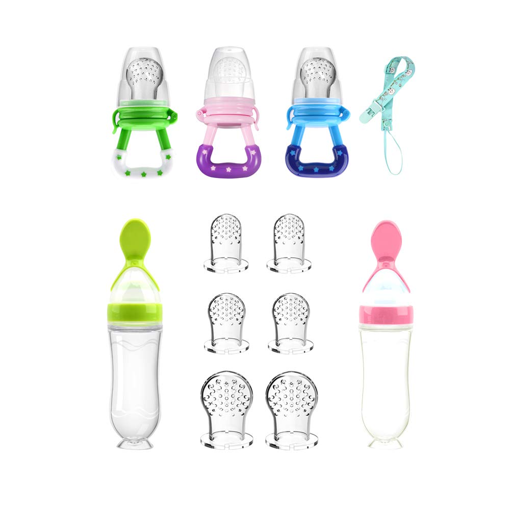 Food Feeder Baby Fruit Feeder Pacifier (3 Pcs) with 6 Different Sized Silicone Pacifiers 2 PCS Silicone Baby Food Dispensing Spoon 90ML with Infants Spoons Pacifier Clip Infant Fruit Teething Toy-Pink