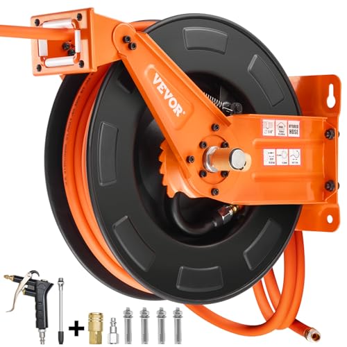 VEVOR Retractable Air Hose Reel with Double Arms, 3/8 IN x 65FT Hybrid Air Hose Max 300PSI, Air Compressor Hose Reel with 5FT Lead in, Ceiling/Wall Mount Heavy Duty Steel Reel for Workshop Garage
