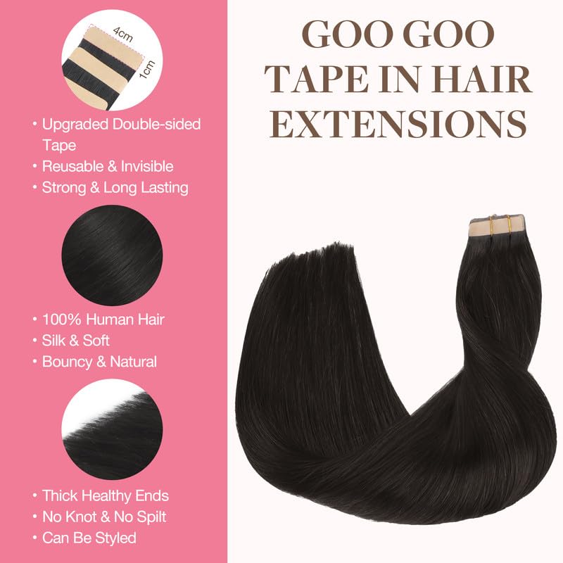 GOO GOO Tape in Hair Extensions Human Hair, 1B Natural black, 20inch 100g 40pcs, Thick Ends Straight Seamless Tape in, Invisible Tape in Hair Extensions Human Hair