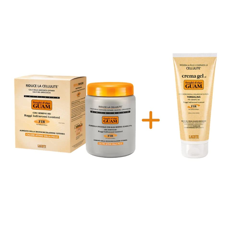 GUAM Cellulite Remover Kit, Cellulite Treatment Set, Bundle Pack 2-in-1: Hot Seaweed Mud Body Wrap with Tourmaline, FIR 1KG + Skin Tightening Cream Gel, FIR 250 ML
