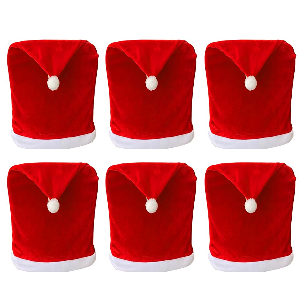 Christmas Chair Back Covers 6 Pcs Christmas Chair Covers Red Santa Hat Dining Chair Covers 19.7" x 23.6" Golden Velvet Chair Covers Kitchen Chair Covers for Christmas Holiday Decoration(19.7" x 23.6")
