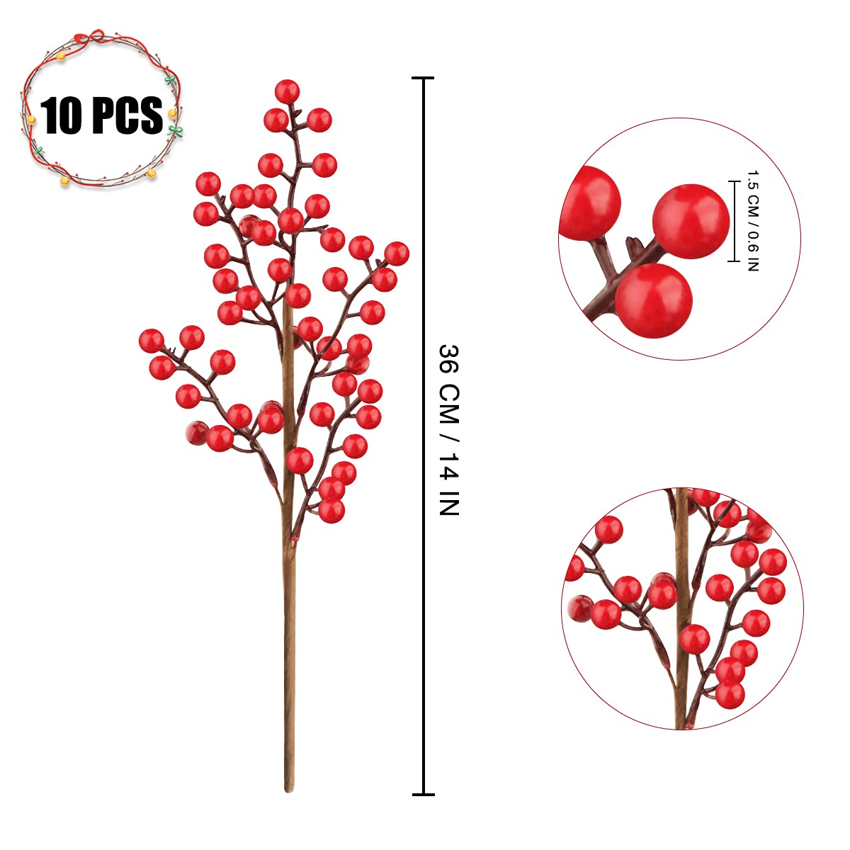 Fangoo 10 Pack Christmas Berry Stems, 14 Inch Artificial Berries Burgundy Berry Picks Holly Stem for Christmas Tree Decorations DIY Crafts Holiday Season Winter Home Decorations