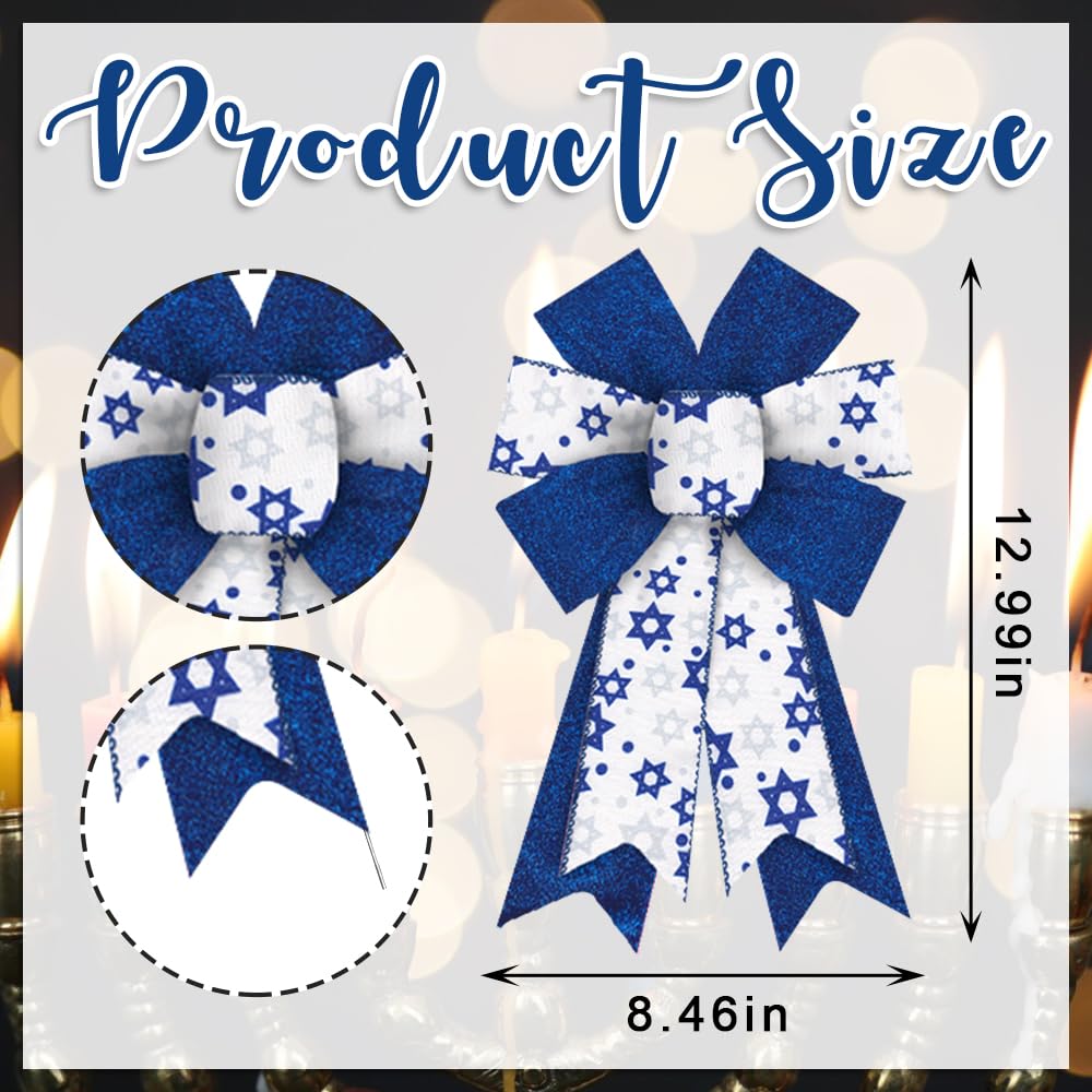 2 PCS Hanukkah Wreath Bows Chanukah Star of David Royal Blue White Ribbon Bows for Wreath, Medium Tree Topper Bows for Jewish New Year Party Home Indoor Outdoor Decoration Wreath Ornament Supplies