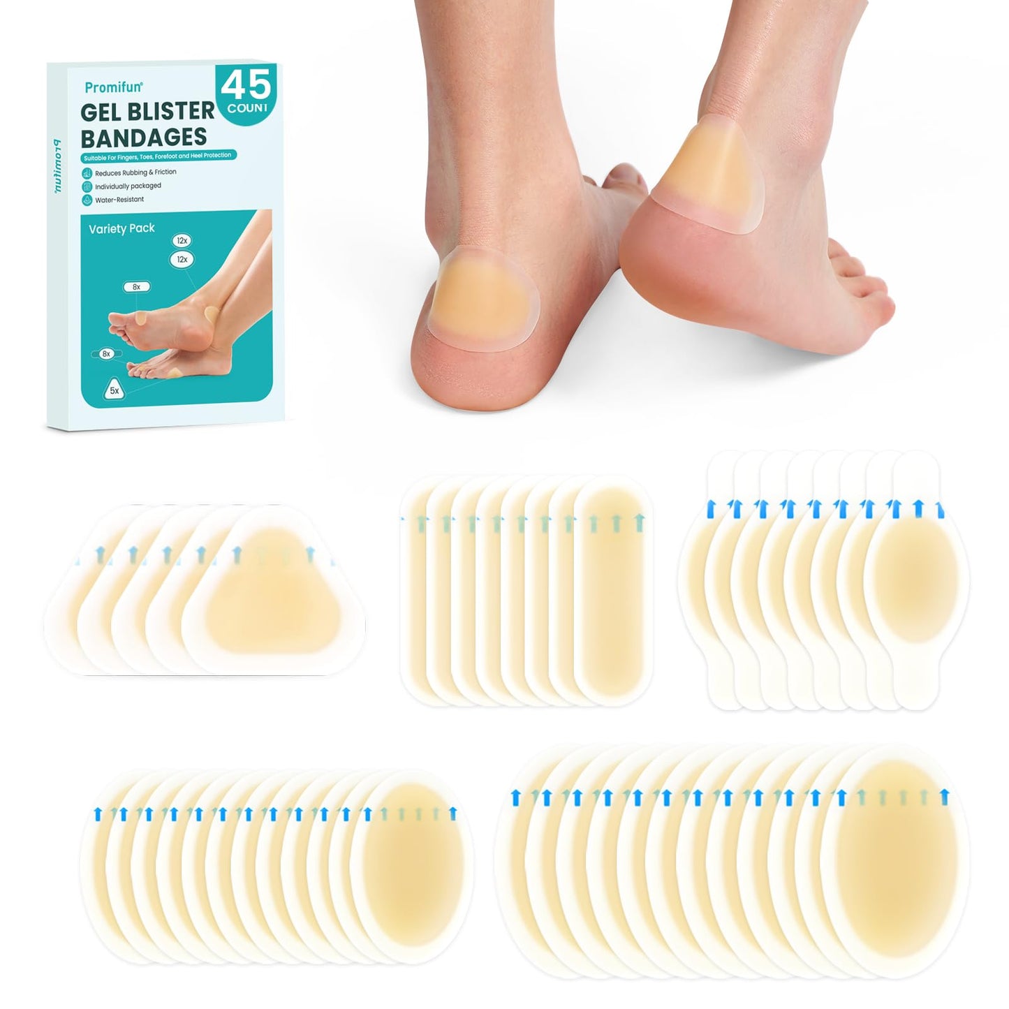 Hydrocolloid Gel Blister Bandages Pads - Promifun Waterproof Adhesive Blisters Bandages - Blister Pads for Heel, Foot, Toe, Feet - Gel Blister Chshions for Prevention & Recovery (24ct, Variety Pack)
