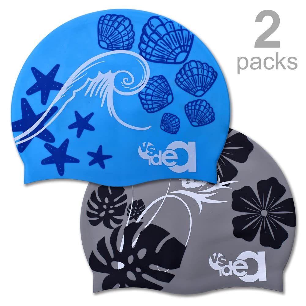 Vsidea 2 Pack Womens Silicone Swim Cap, Unisex Durable Silicone Swimming Cap for Adults Youths Swim Bath Hats caps (Gray + Blue)
