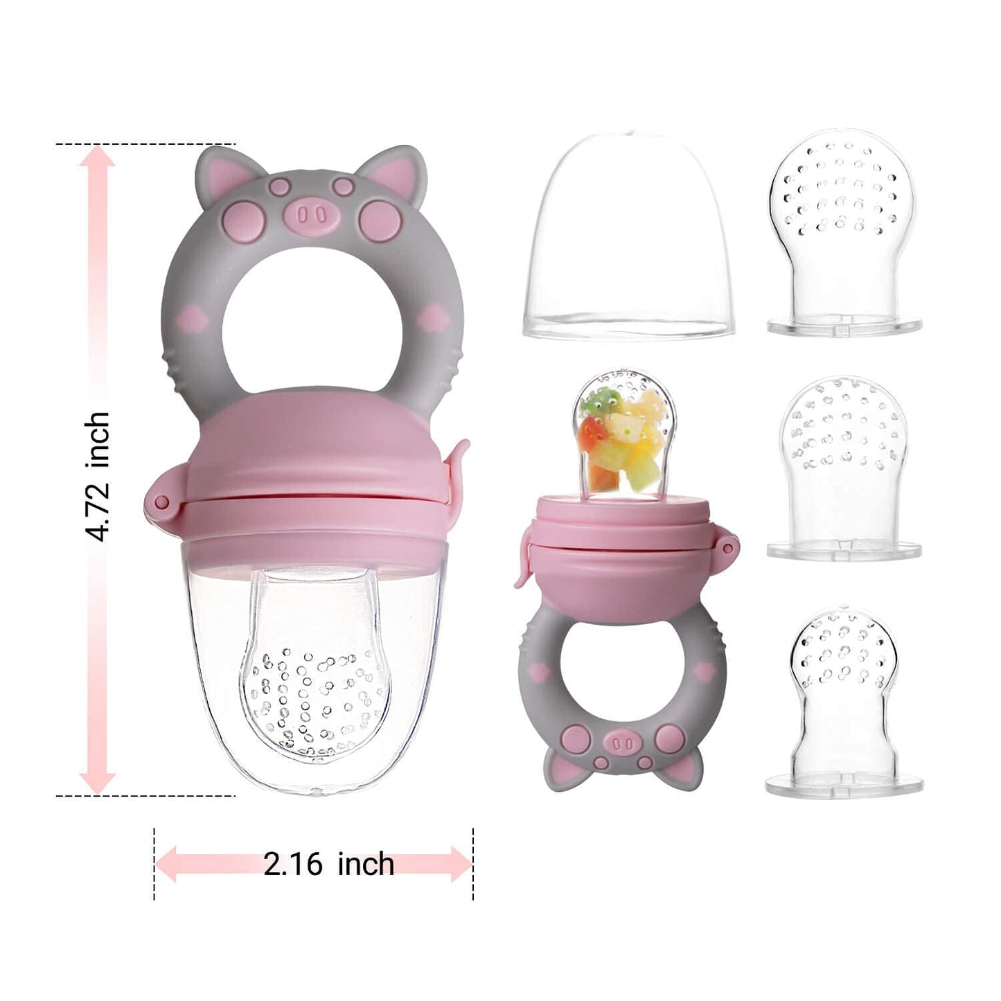 Baby Fruit Food Feeder Pacifier - Fresh Teething Pacifiers, Infant Fruit Teething Teether Toy for 3-24 Months, 6 Pcs Silicone Pouches for Toddlers & Kids & Babies, Piggy Handle 2-Pack (Pink & Gray)