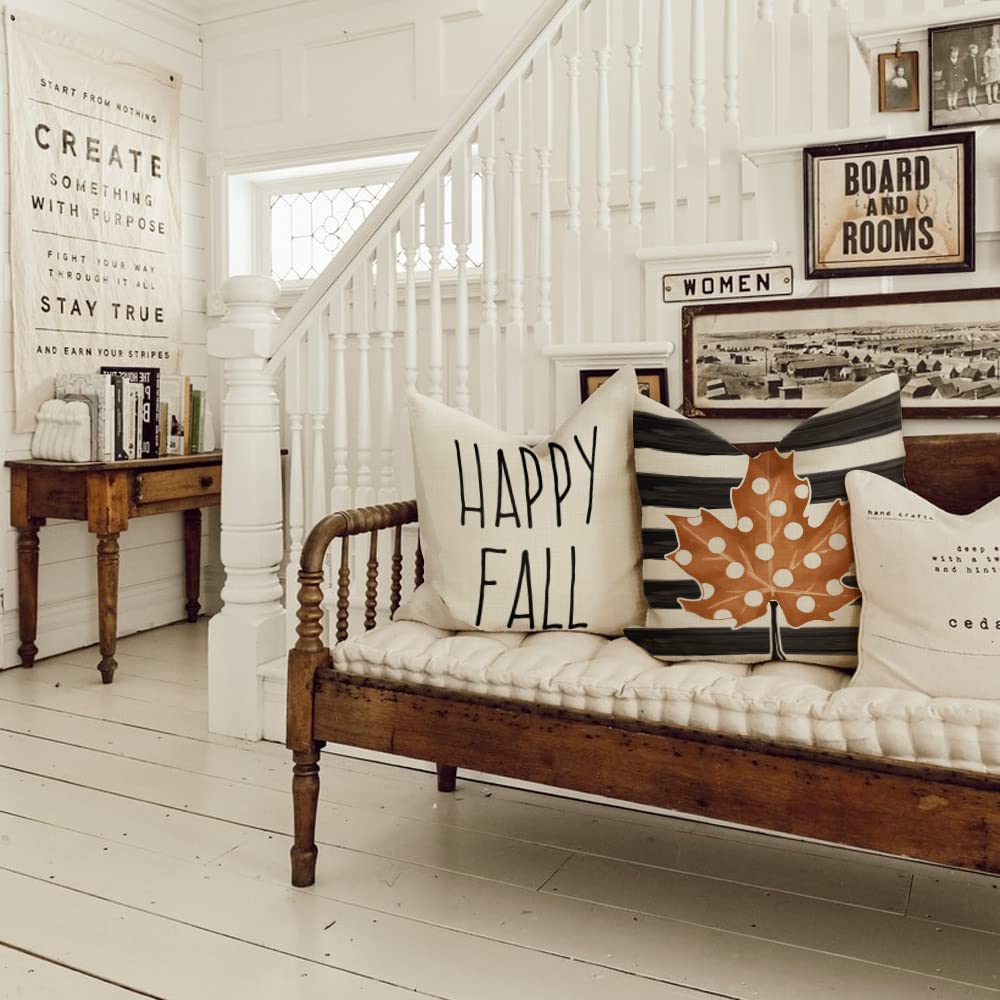 GEEORY Fall Decor Pillow Covers 18x18 Set of 4 Polka Dots Pumpkin Maple Leaf Happy Fall Outdoor Stripes Decorative Throw Pillows Farmhouse Thanksgiving Cushion Case for Couch Sofa