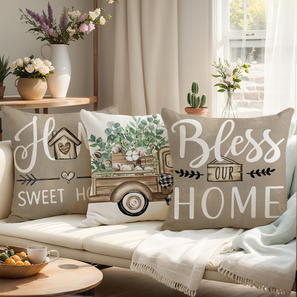 wyooxoo Throw Pillow Covers 18x18 Set of 4 Farmhouse Pillow Covers Home Sweet Home Cushion Cases for Sofa Couch Living Room Outdoor Home Decor