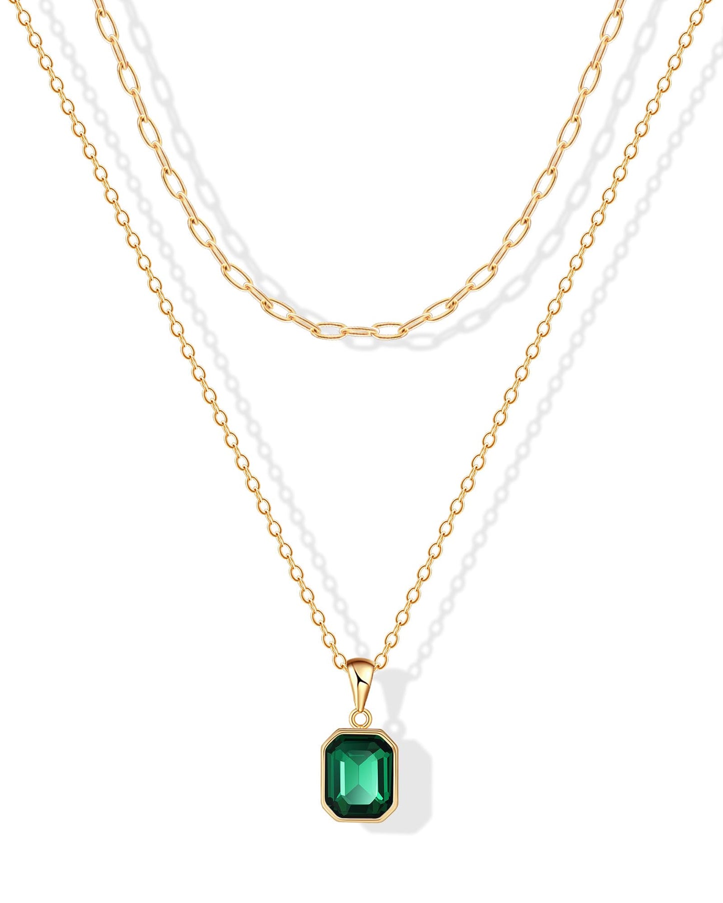 ACECHA Gold Layered Necklaces for Women, 18k Gold Plated Paperclip Chain Choker Necklace with Rectangle Crystal Birthstone Pendant Dainty Emerald Green Jewelry Gifts