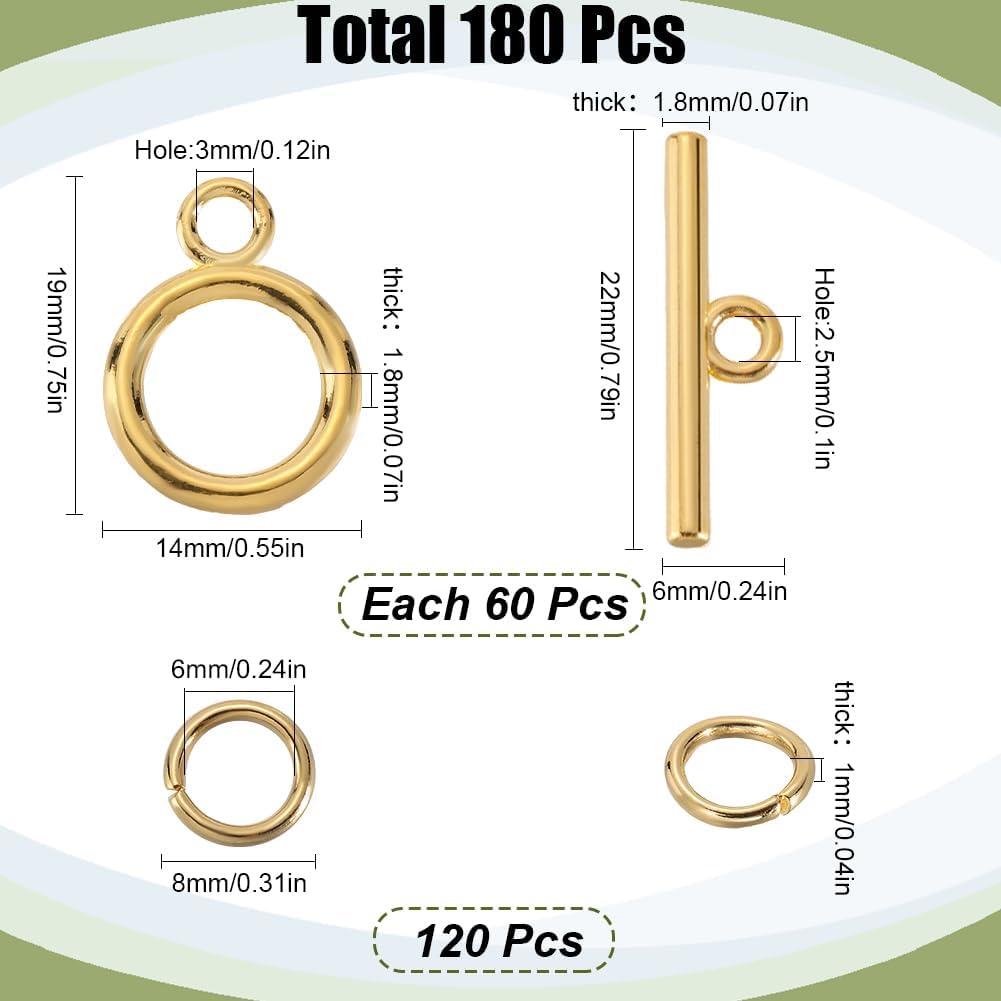 1 Box 60 Sets Toggle Clasps Ring and Bar Clasp Gold & 120Pcs Brass Open Jump Rings OT Toggle T-Bar Connectors Findings for Jewelry Making Supply DIY Crafts Necklace Bracelet Supplies