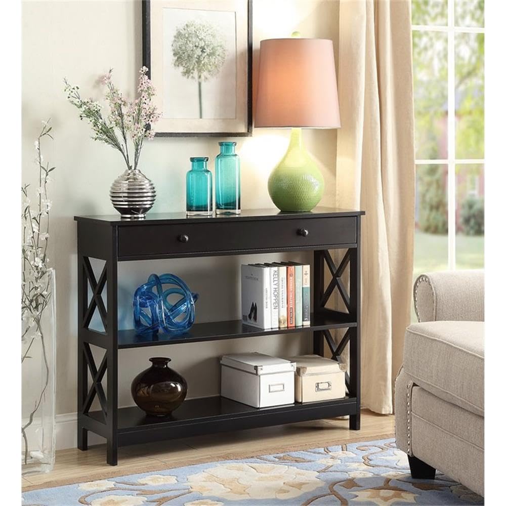 Convenience Concepts Oxford 1-Drawer Console Table 39.5" - Farmhouse Sofa Display with Storage Shelf For Living, Family, & Dining Room, Modern Entryway Hall Table for Kitchen, Bedroom, Black