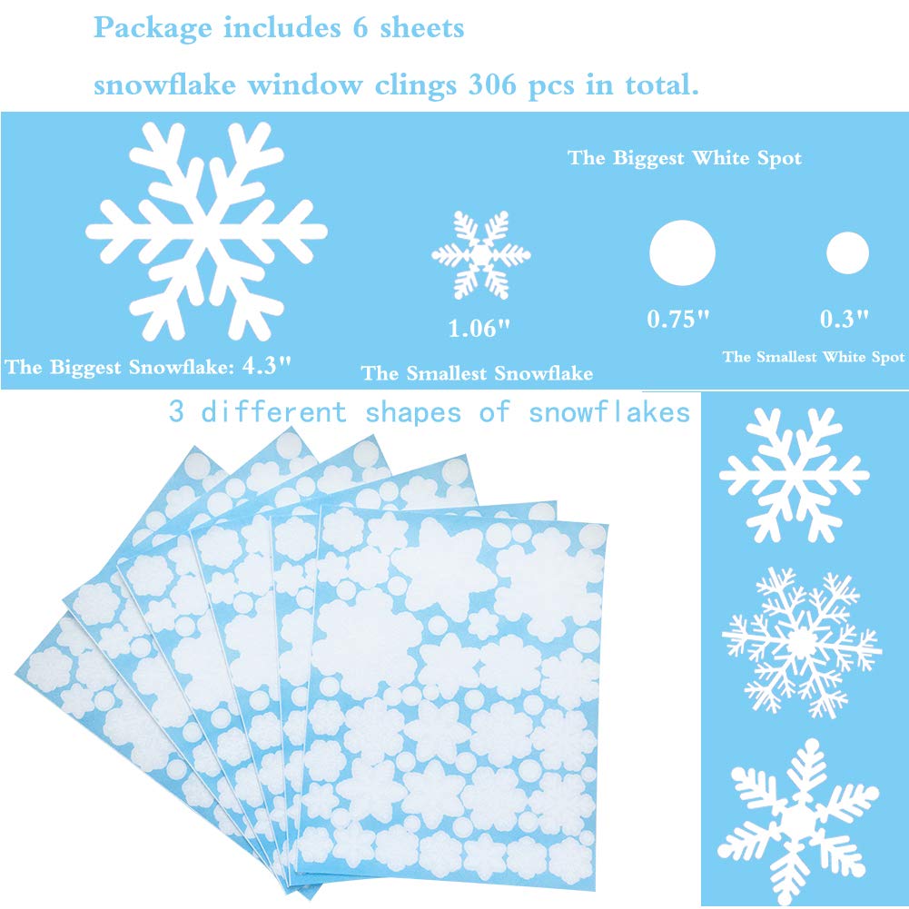 306Pcs Snowflakes Window Clings Decals Decorations White Christmas Window Stickers Winter Wonderland Decorations for Christmas Party