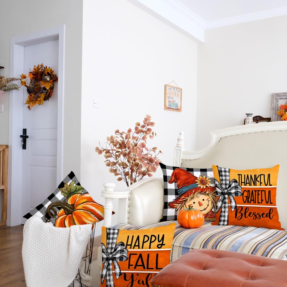 GEEORY Fall Throw Pillow Covers 18x18 Inch Set of 4, Buffalo Plaid Pumpkin Scarecrow Orange Cushion Case for Sofa & Bed Autumn Thanksgiving Decor Farmhouse Home Decoration