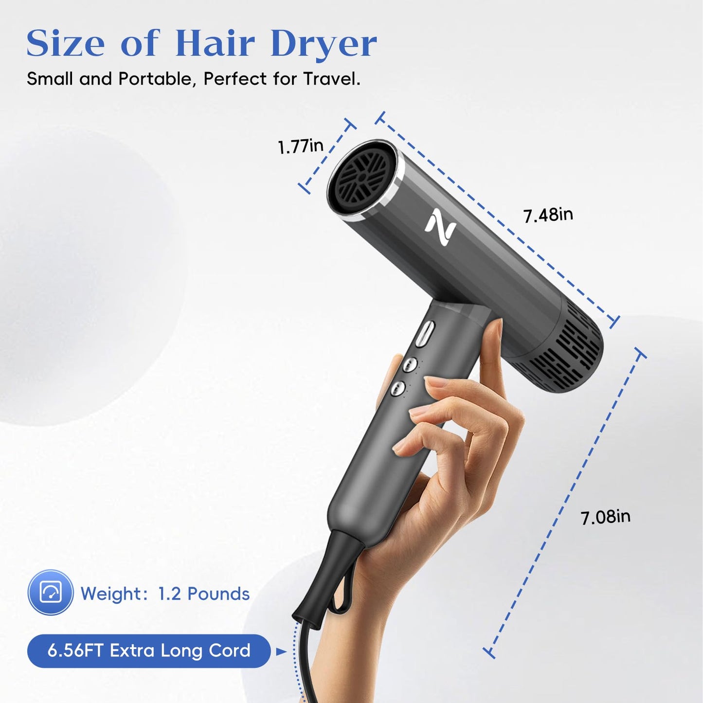 Natrial Ionic Salon Hair Dryer with 3 Attachments, 1600W Professional Blow Dryer with 110000RPM High Speed Brushless Motor for Fast Drying, Lightweight, Low Noise, Locking Function, 4 Temps & 3 Speeds
