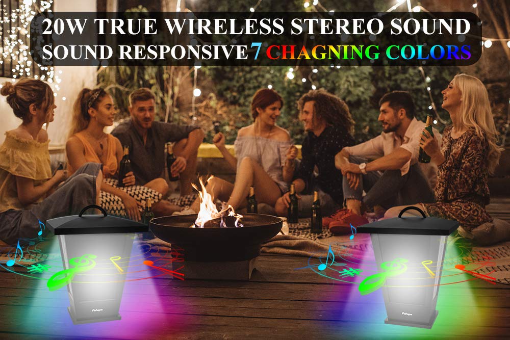pohopa Bluetooth Speakers Waterproof, 2 Packs True Wireless Stereo Sound 20W Dual Pairing Lantern Outdoor Speakers with 20 Piece Sound Responsive LED Color Lights, Richer Bass, Black