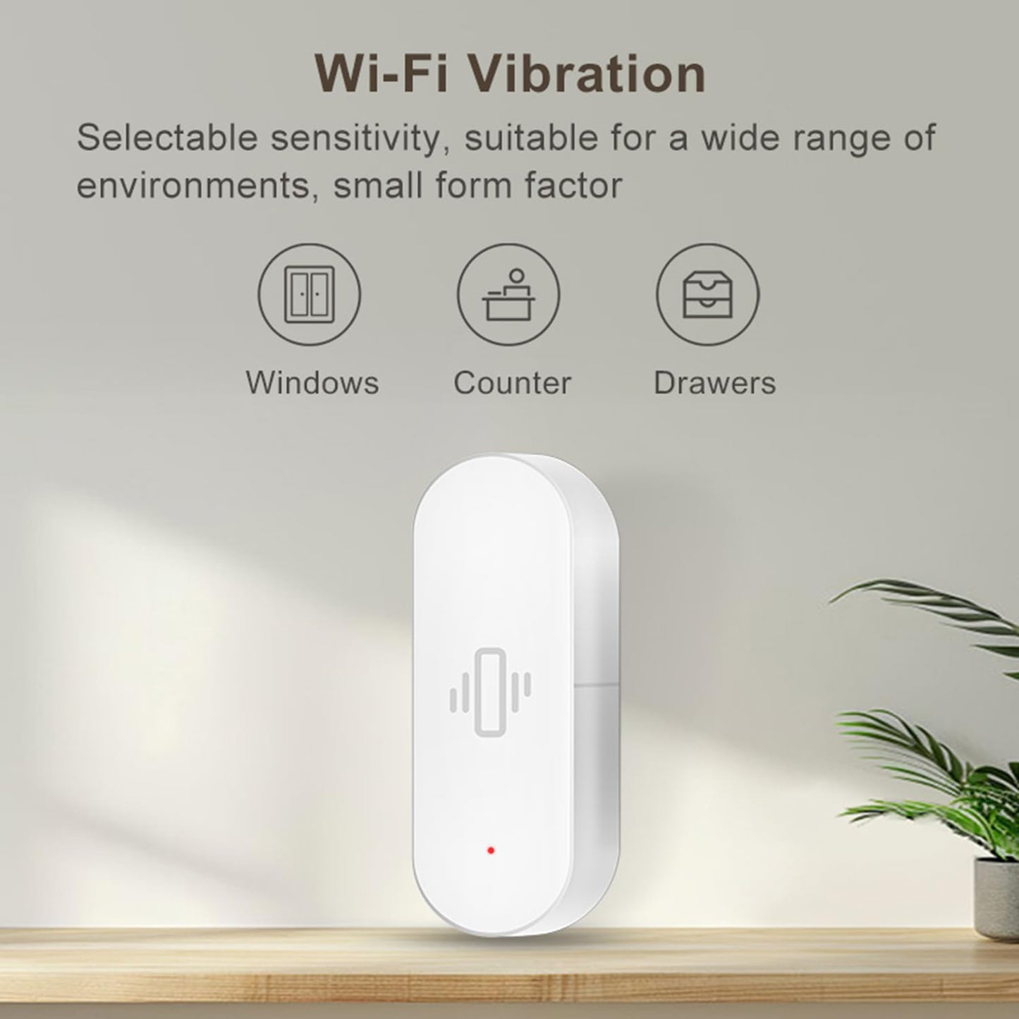 Smart Vibration Sensor: Wireless Glass Break Detector, WiFi Door Sensor with App Alerts, Adjustable Sensitivity, Glass Break Security Sensor for Alarm System and Smart Home Automation (1-Pack)