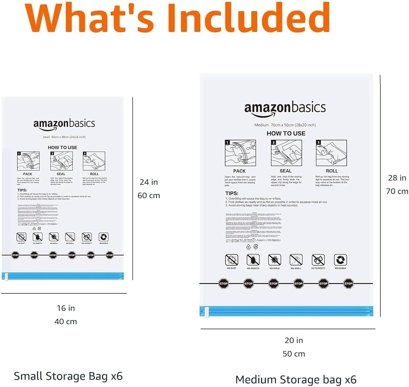 Amazon Basics Roll-Up Travel Zipper Storage Bags, 12 count (6 Small & 6 Medium), Multiple, Clear