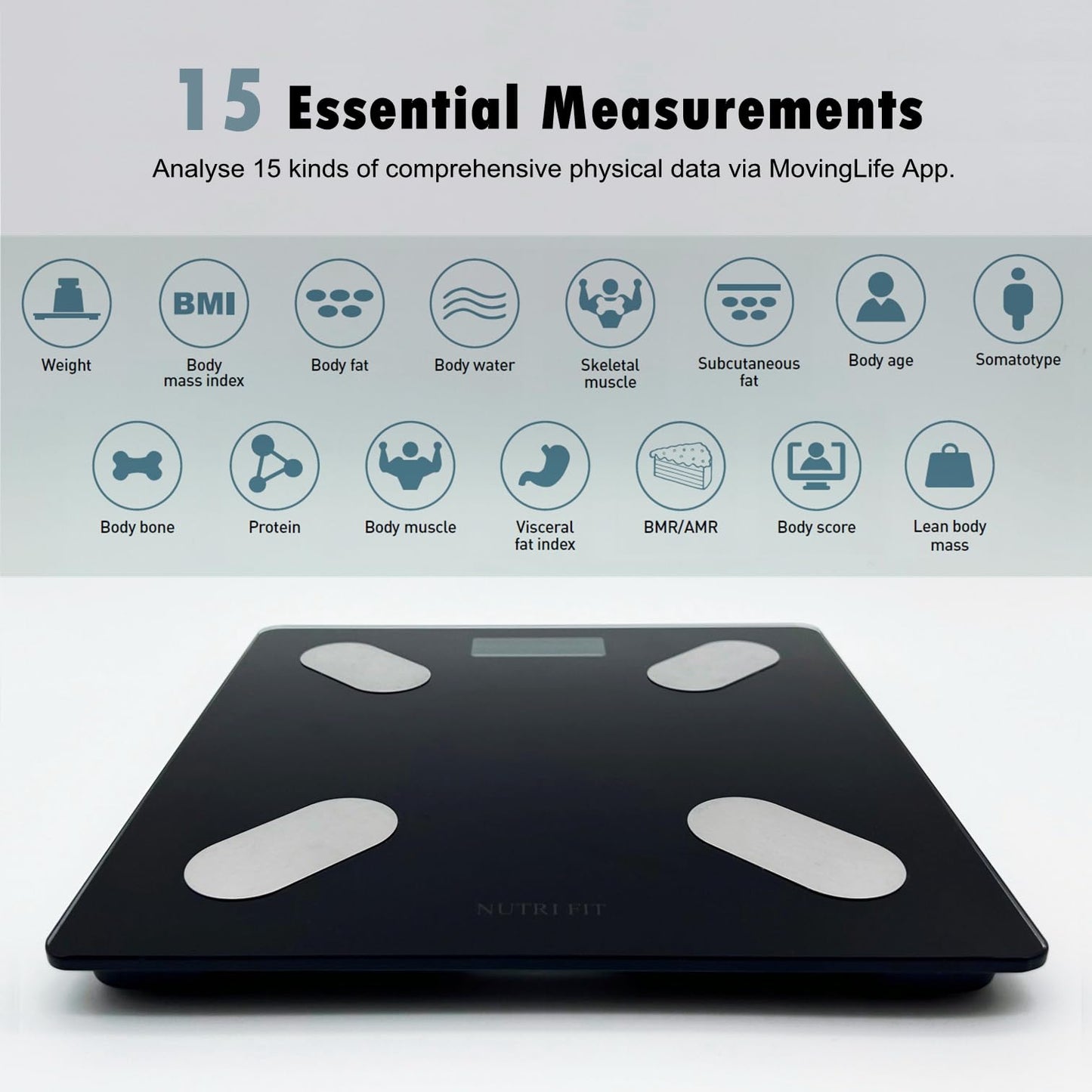 NUTRI FIT Smart Scale for Body Weight Body Composition Monitor, Bathroom Digital Weighing Scale with BMI, Body Fat, Muscle Mass, Accurate Bluetooth Home User Health Equipment Sync Apps