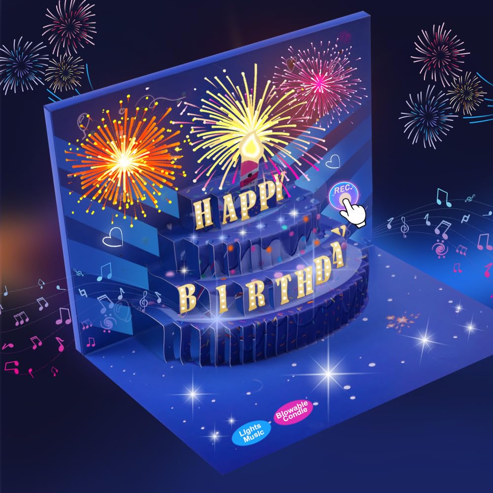Birthday Cards with Recording Function Fireworks 3D Pop Up Blowable LED Candle Birthday Cake Light and Music Happy Birthday Greeting Cards Gift for Women Mom Sisters Grandma Kids Wife
