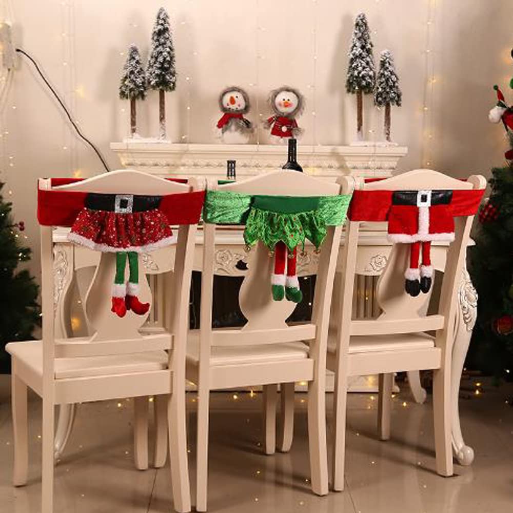 Yahpetes Chair Back Cover 3 Pcs Christmas Chair Sashes 18" X 11.8" Stretchy Xmas Dining Chair Back Covers Red Santa Claus Belt Buckle Bands Chair Slipcover Ornament Decorations