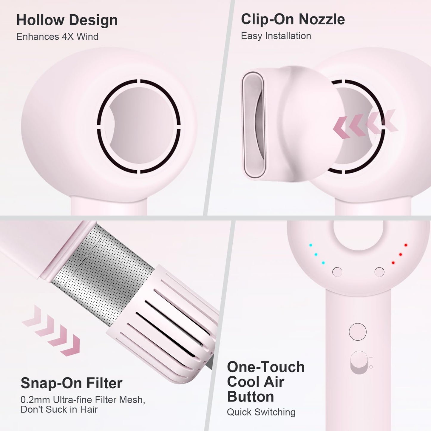 High Speed Hair Dryer, 160000 RPM Brushless Motor 500 Million Negative Ionic Blow Dryer, Travel Fast Drying Hairdryer, Low Noise, Lightweight, Blowdryer with Nozzle, Home Use,Pink