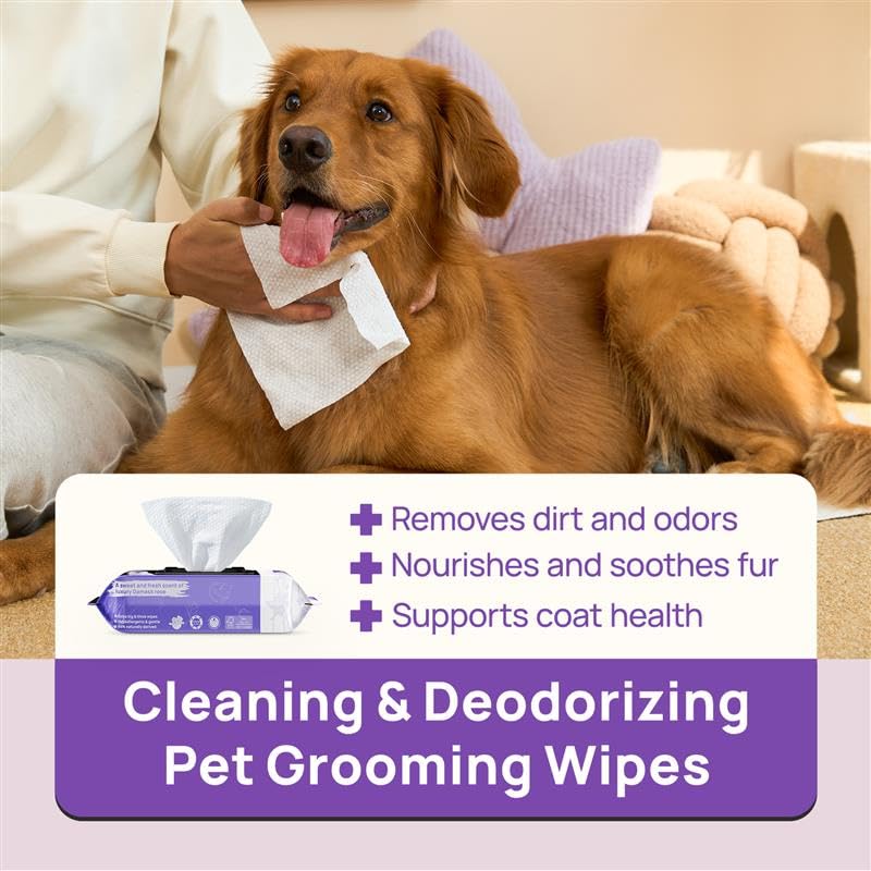 HICC PET Cleaning Deodorizing Wipes for Dogs & Cats, Vet Recommended Nourishes Smoothes Fur Pet Grooming Wipes with Fermented Coconut Oil, Hypoallergenic Dog Wipes for Paws and Butt, Face, Body