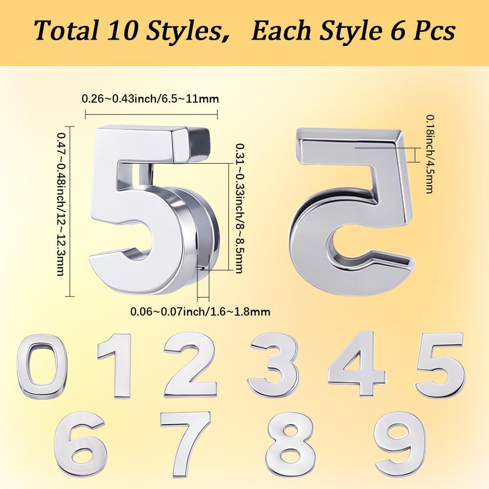 SUNNYCLUE 1 Box 60Pcs 10 Styles Number Slider Charms Silver Slide Charms Metal Alloy Gloss Digital 0 to 9 Numbers 8mm Hole Beads for Jewelry Making Supplies DIY Crafts Wristbands Bracelets Adults