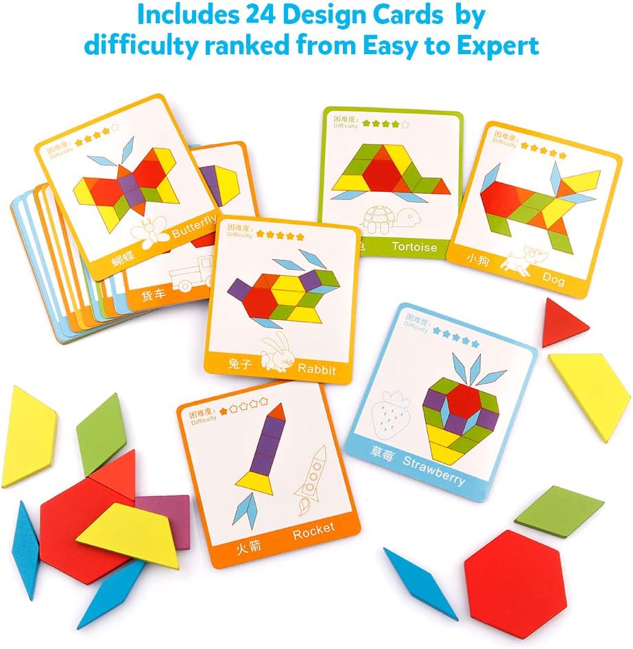 Coogam Wooden Pattern Blocks Set 130PCS Geometric Color Shape Manipulative Puzzle – Graphical Montessori Tangram Early Learning Educational Toys Brain Teasers STEM Gift for Kids with 24 Design Cards
