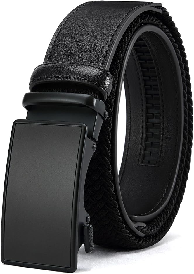 Men's Elastic Leather Ratchet Belt, Braided Stretch Belt, casual Fabric Belt, Design Width 1 3/8" for golf pants jeans