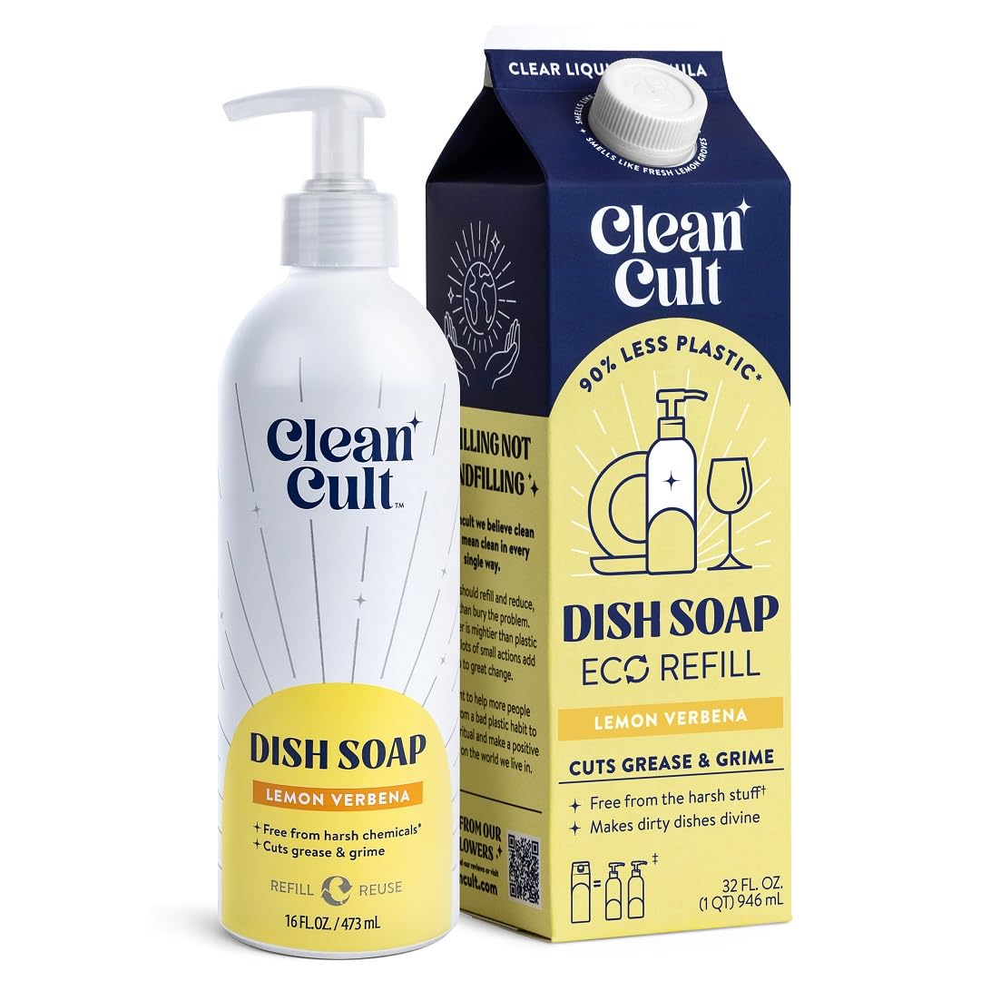 Cleancult Dish Soap Liquid Refills - Plant Based Cleaning Power - Cuts Grease & Grime - Free of Harsh Chemicals - Uses 90% Less Plastic - Lemon Verbena - 32 oz/3 Pack