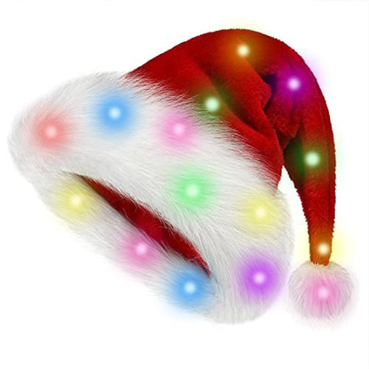 BSVI Christmas Santa Hat Holiday for Adults Unisex Led Light Up Velvet Comfort Extra Thicken Fur Xmas Hat for New Year Festive Party Decorations