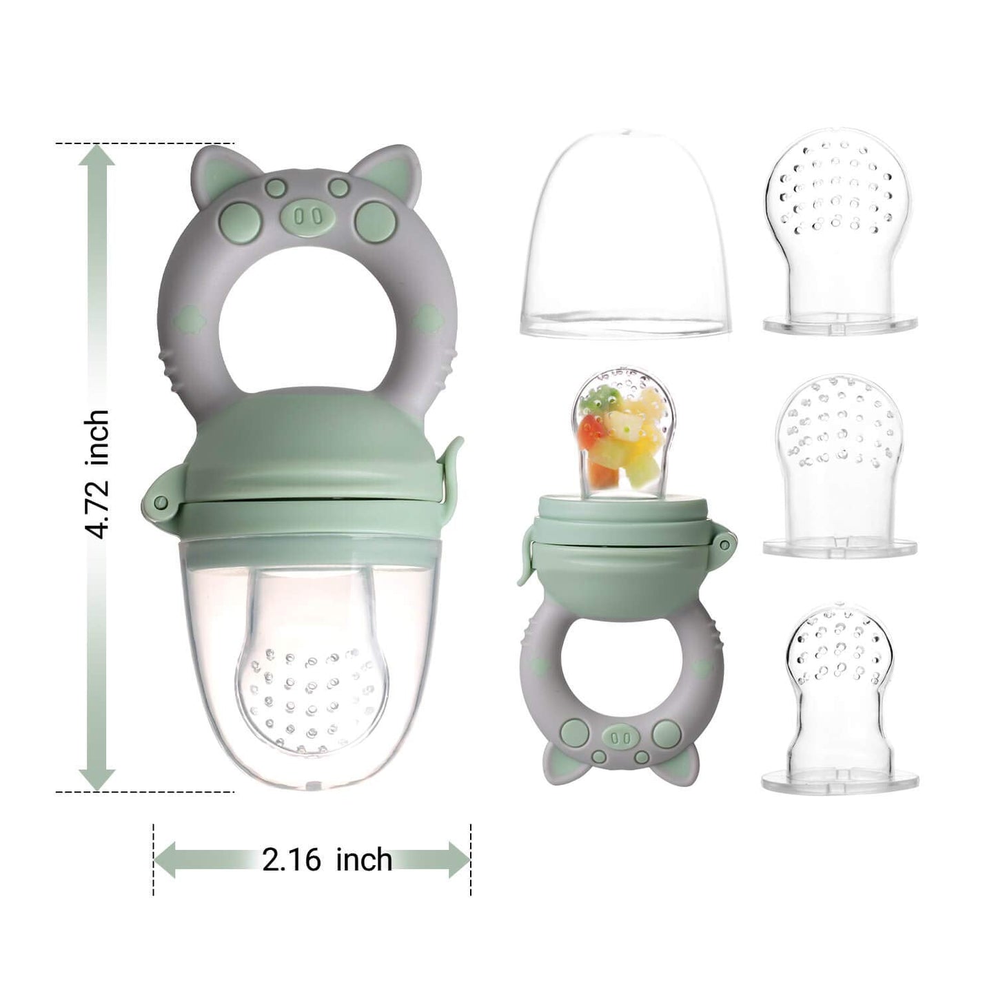 Baby Fruit Food Feeder Pacifier - Fresh Teething Pacifiers, Infant Fruit Teething Teether Toy for 3-24 Months, 6 Pcs Silicone Pouches for Toddlers & Kids & Babies, Piggy Handle 2-Pack (Green & Gray)