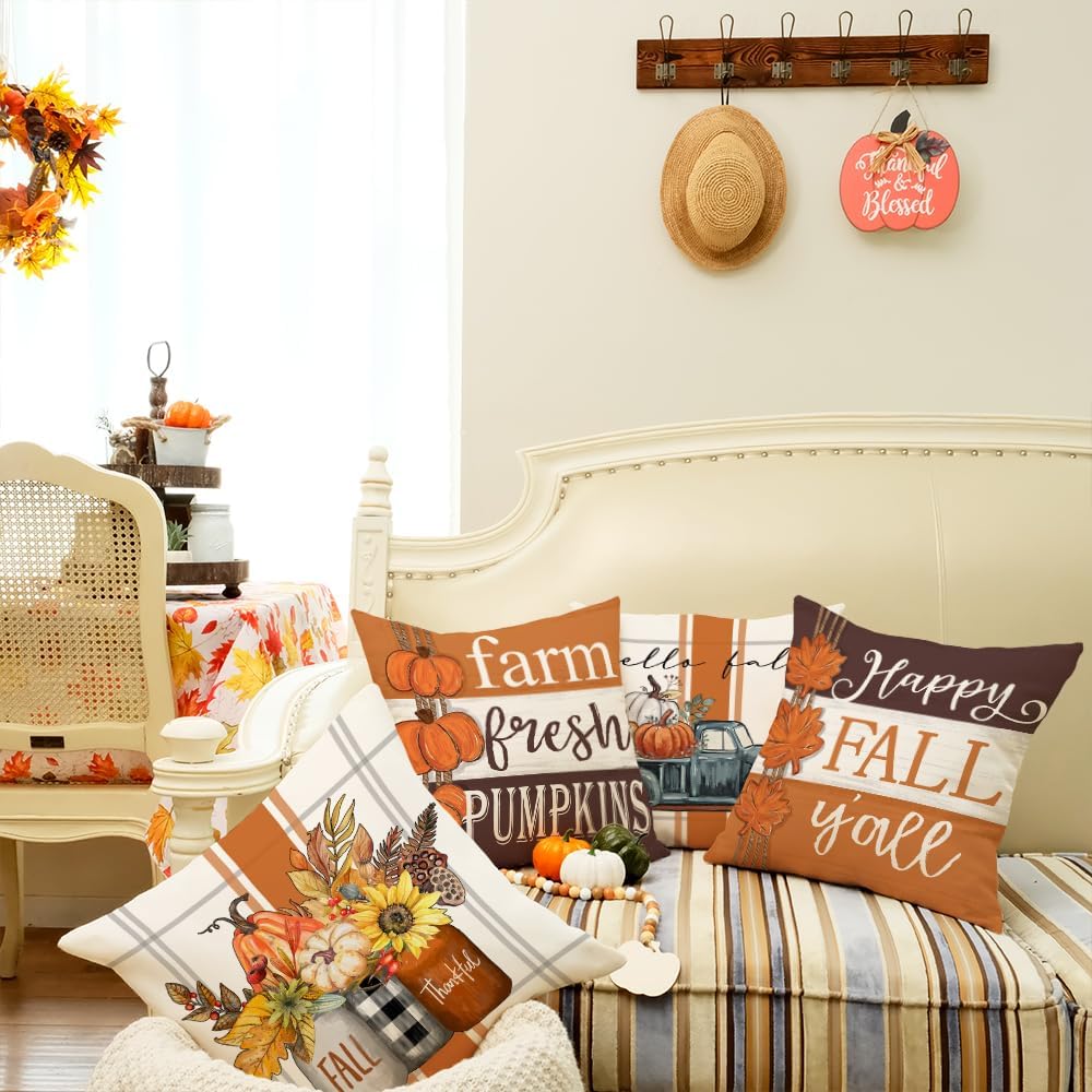 GEEORY Fall Pillow Covers 18 x 18 Inch Set of 4, Happy Fall Y'all Stripes Pumpkins Mason Jar Thankful Decor, Cushion Cases for Farmhouse Home Party Sofa Couch (Brown) G355-18
