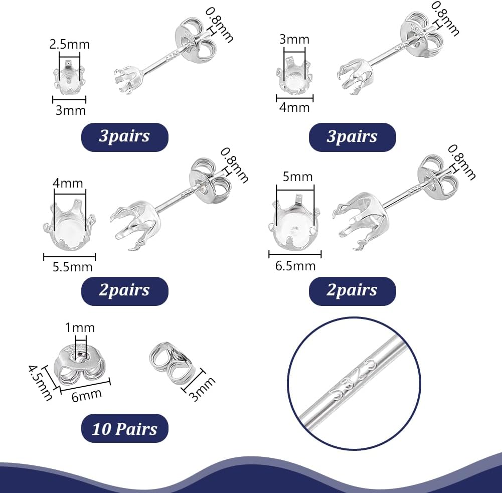 PH PandaHall 10 Pairs 5 Styles 925 Sterling Silver Ear Studs Post Studs 6-Claw Earring Blanks Prong Earring Settings Jewellery Blanks for Gemstones Stud Earring Making Supplies DIY Crafts