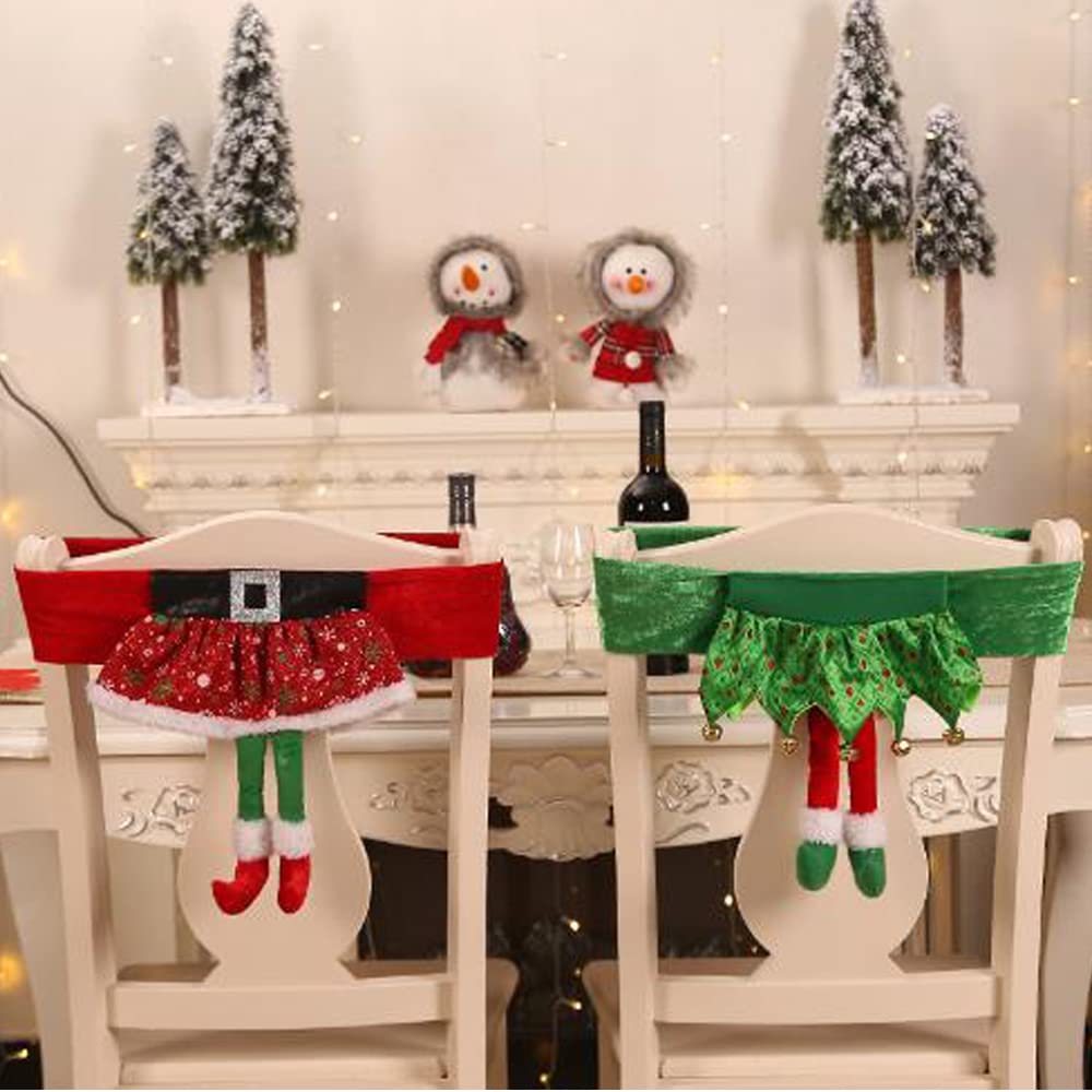 Yahpetes Chair Back Cover 3 Pcs Christmas Chair Sashes 18" X 11.8" Stretchy Xmas Dining Chair Back Covers Red Santa Claus Belt Buckle Bands Chair Slipcover Ornament Decorations