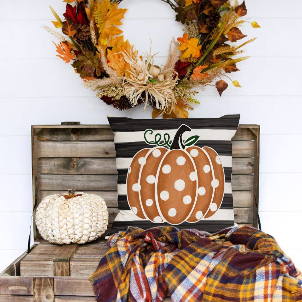GEEORY Fall Decor Pillow Covers 18x18 Set of 4 Polka Dots Pumpkin Maple Leaf Happy Fall Outdoor Stripes Decorative Throw Pillows Farmhouse Thanksgiving Cushion Case for Couch Sofa