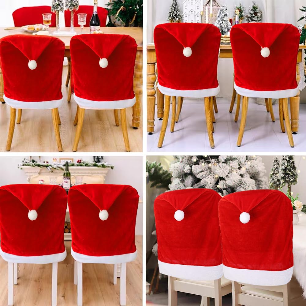 Christmas Chair Back Covers 6 Pcs Christmas Chair Covers Red Santa Hat Dining Chair Covers 19.7" x 23.6" Golden Velvet Chair Covers Kitchen Chair Covers for Christmas Holiday Decoration(19.7" x 23.6")