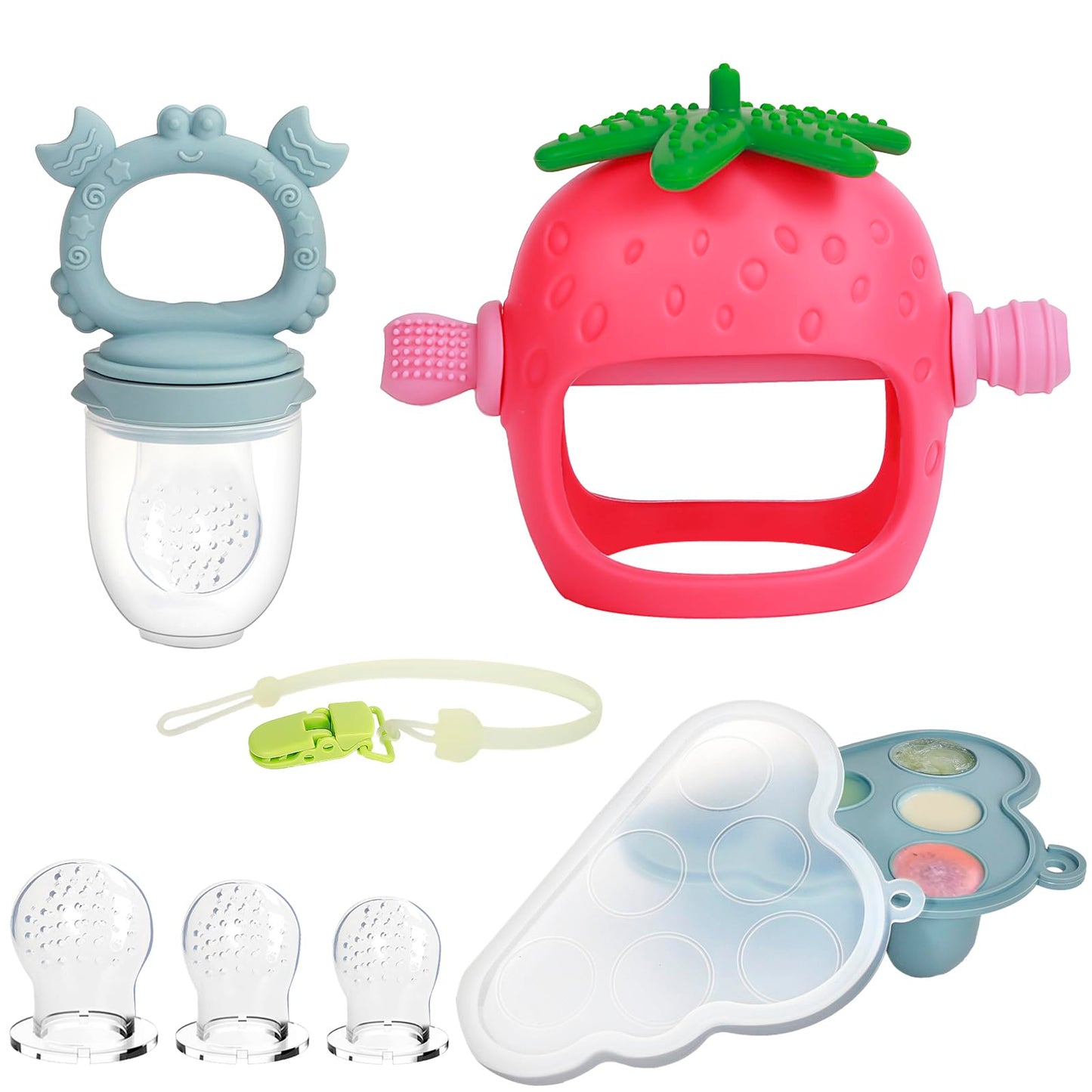 Baby Teething Toys and Fruit Feeder Breastmilk Popsicle Mold Set, Silicone Teether Food Feeder Pacifier Teething Relief Toy Set with Frozen Tray Baby Feeding Teething Essentials for 0+ Months