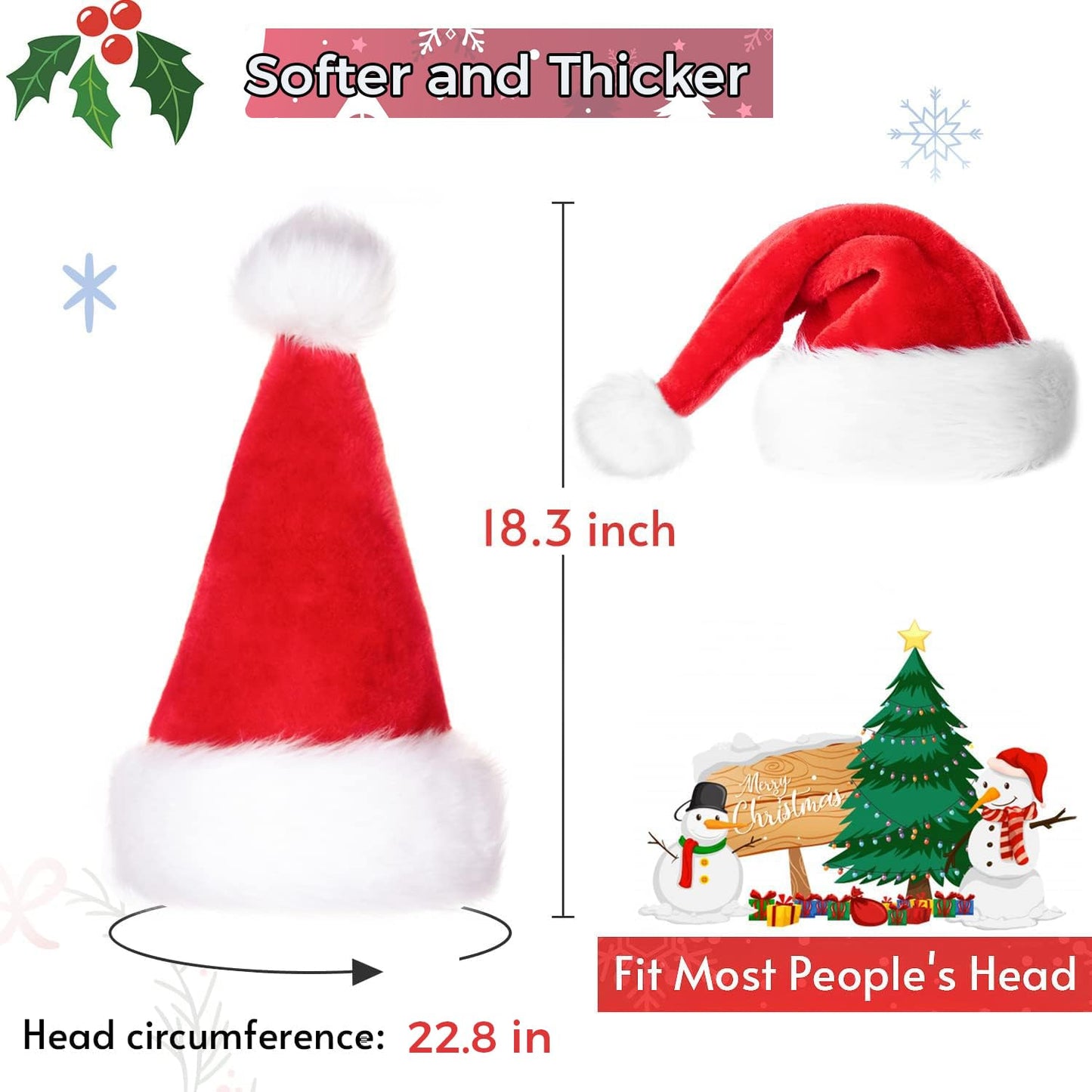 Iioscre Santa Hat Christmas Hats for Adults, Xmas Holiday Unisex Classic Santa Claus Hat for Holiday Party
