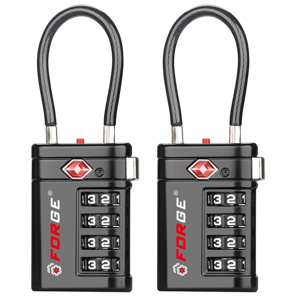 Forge TSA Approved Luggage Locks 4 Digit Combination TSA Travel Locks with TSA008, Open Alert Indicator, Zinc Alloy Body for Luggage, Suitcase, Backpack, and More. Black 4 Locks.