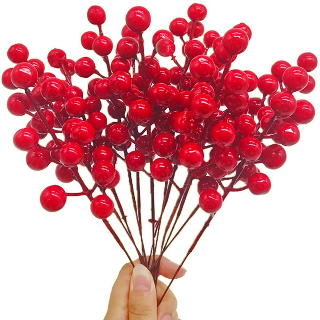 SLXDEX 24 pcs Red Holly Berry Stem Picks - Decorative Wire Stem Branch Sprays for Christmas Tree Decoration, Holiday Decor, Silk Flower Arrangements, Home DIY Crafts (24, 6.7inch)
