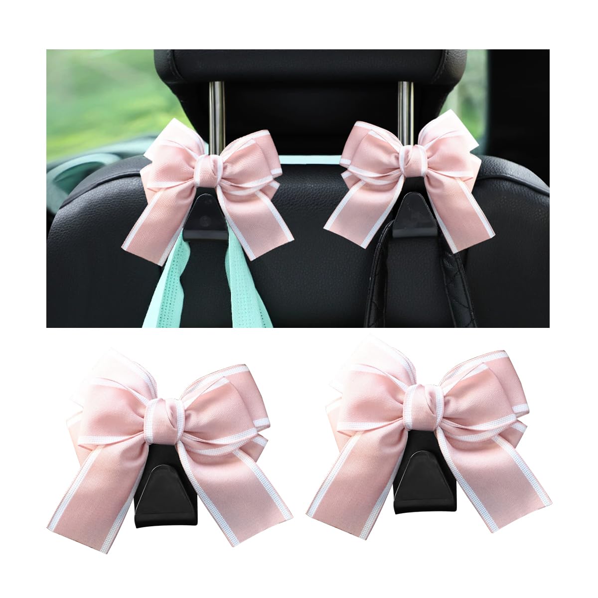 Mandark 2PCS Car Seat Headrest Hooks, Cute Bow Vehicle Hooks for Purses and Bags, Automotive Purse Hook Hanger Interior Decoration Accessories, Universal for SUV, Sedan, Truck (Black Line)