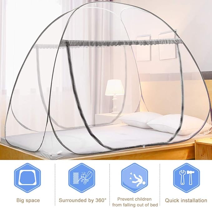 Portable Pop-Up Brown Mosquito Net Tent for Bed, L79 x W71 x H59 inch Large Folding Mosquito Netting with Net Bottom, 2 Entries, Suit for Twin to King Size Bed