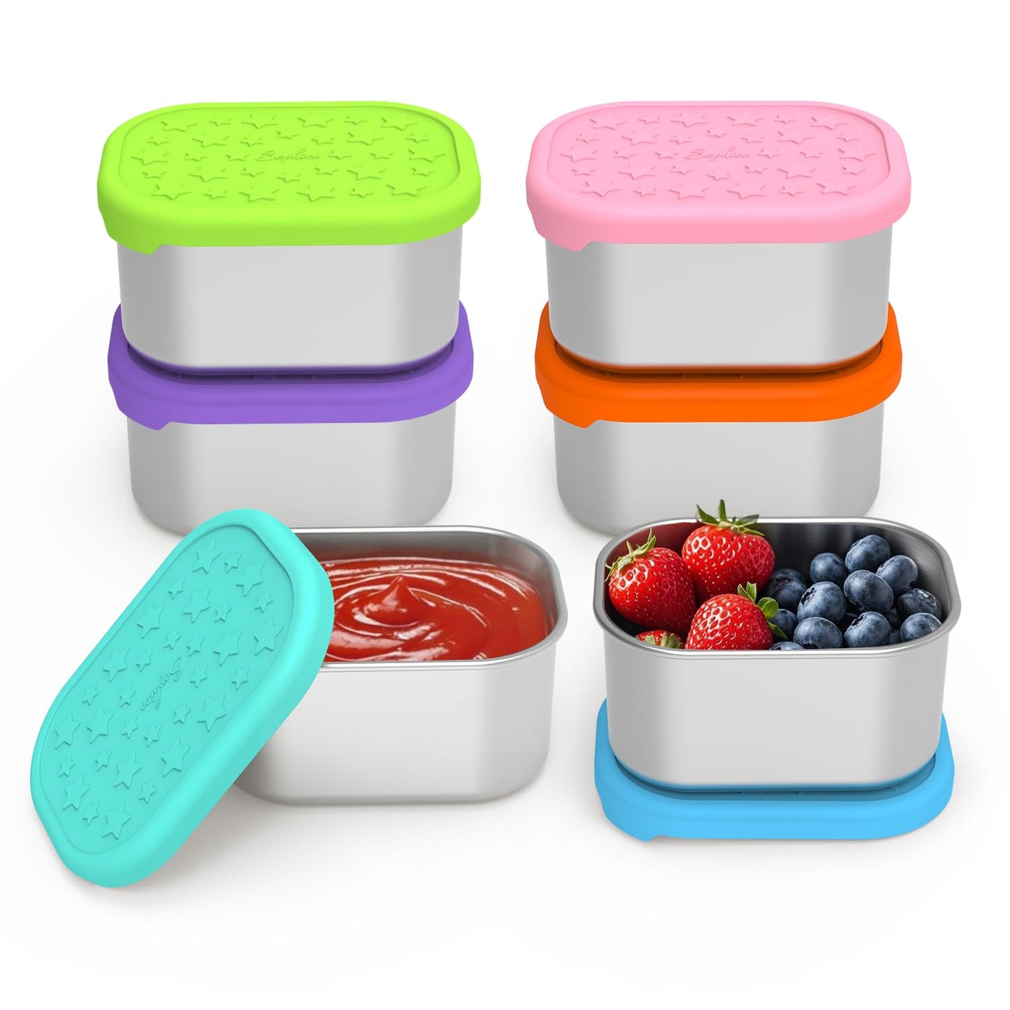 SOPHICO Stainless Steel Salad Dressing Condiment Containers with Leakproof Silicone Lids, 3 oz Mini Sauce Container and Portion Bento Box of Kids Lunch to Go for Snack, Dessert (MIX, 4 PACK)