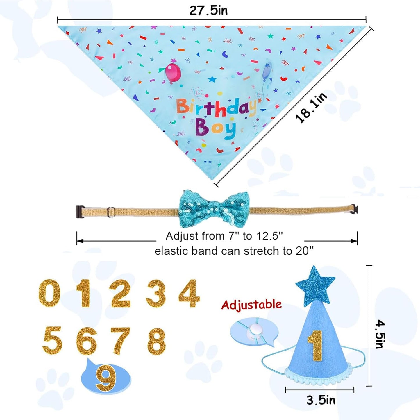 Dog Birthday Bandana Set, Dog Cat Birthday Party Supplies Boy Girl Birthday Party Hat Bow Tie Collar Set with Number for Large Medium Small Pet (Blue)