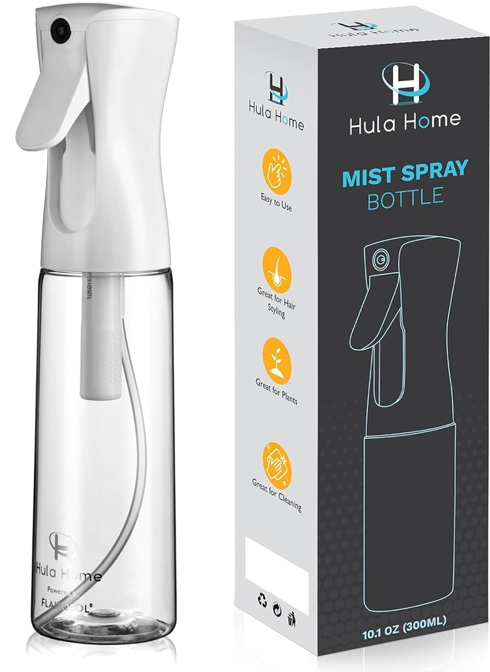 Hula Home Continuous Spray Bottle for Hair (10.1oz/300ml) Empty Ultra Fine Plastic Water Mist Sprayer – For Hairstyling, Cleaning, Salons, Plants, Essential Oil Scents & More - Blue