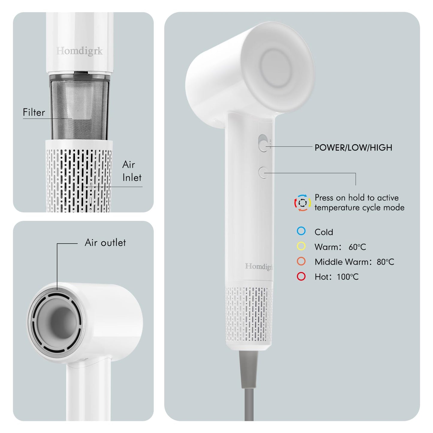 High-Speed Ionic Hair Dryer with Diffuser - 112,000 RPM Brushless Motor for Fast Drying Low Noise 4 Temp&2 Speed Settings 110V Professional Blow Dryer(Light White)