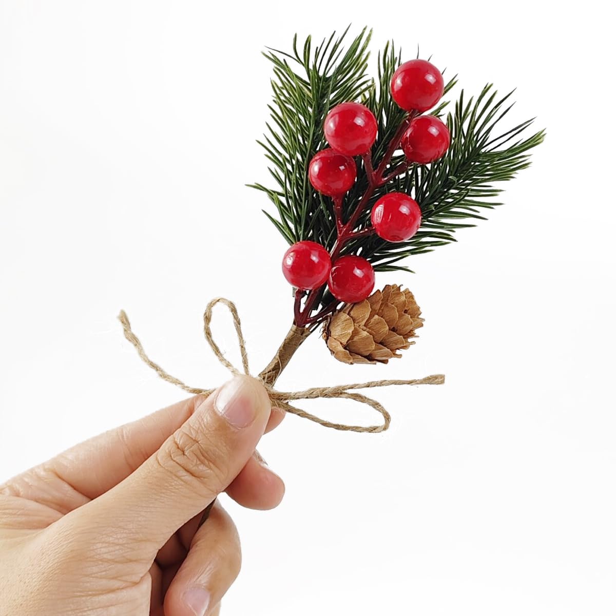 TIHOOD 20PCS 8inch Pine Cone Red Berry Picks Stems Crafts Branch Christmas Wreath, Holly Artificial Evergreen Branches Tiny Pine Cones Picks Décor Floral Picks for Christmas Flower Wreaths DIY